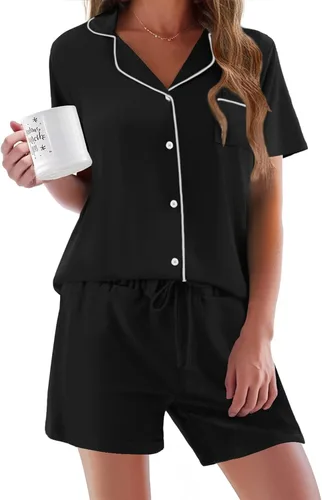 Vista 18 de Ekouaer - Conjunto de pijamas de manga corta para mujer, con botones, suave, 2 piezas, conjuntos de descanso, tallas XS-XXXL Verde Aqua