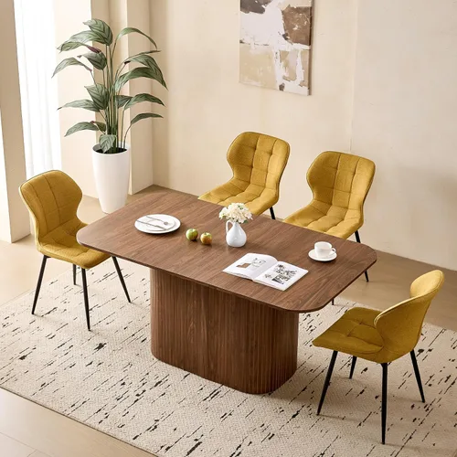 Vista 25 de Juego de 4 mesas de comedor grandes de 63 pulgadas para 4, esquinas redondeadas, mesa de cocina rectangular moderna de madera con sillas Boucle