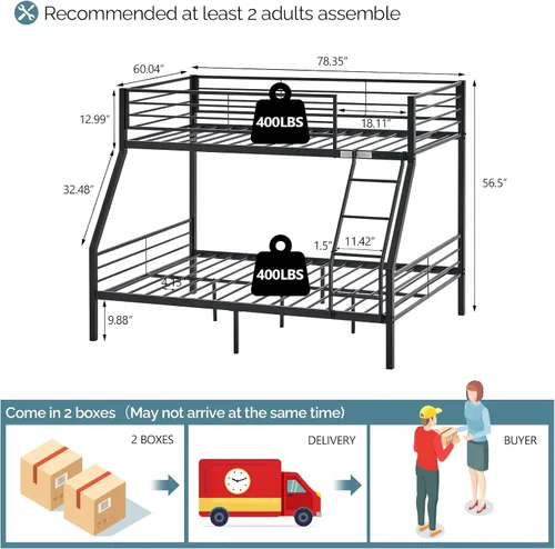 Vista 2 de VINGLI Litera Individual sobre Completa para Niños/Adultos con Escaleras de Peldaños Planos, Listones de Metal Resistentes, No Necesita Somier, Negro