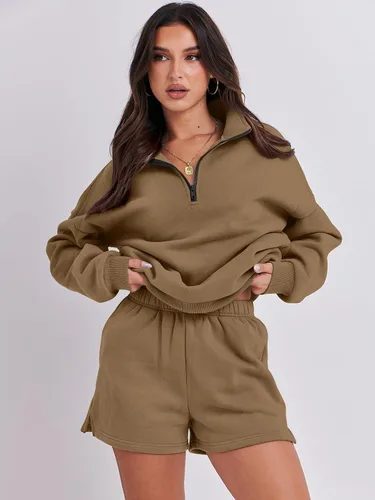 Vista 8 de Prinbara Women 2 Piece Outfits Fall Clothes Set Sweatsuit Oversized Half Zip Casual Short Set Lounge 2023 Trendy Sweat