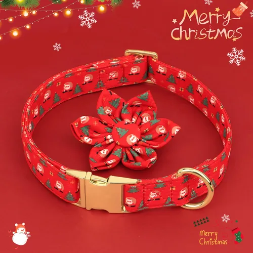 Vista 2 de Beirui Lindo collar de Navidad para perro hembra con flor, collares de perro con patrones navideños, collar rojo suave para mascotas ajustable
