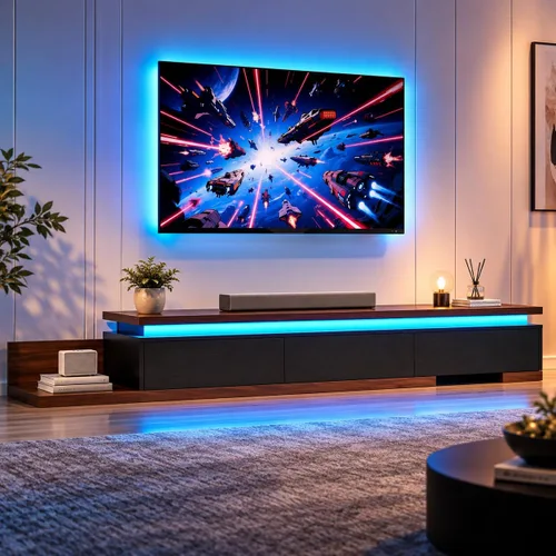 Vista 7 de Soporte de TV extensible con luces LED (80 a 106 pulgadas), consola de TV moderna con 3 cajones, centro de entretenimiento reversible de madera