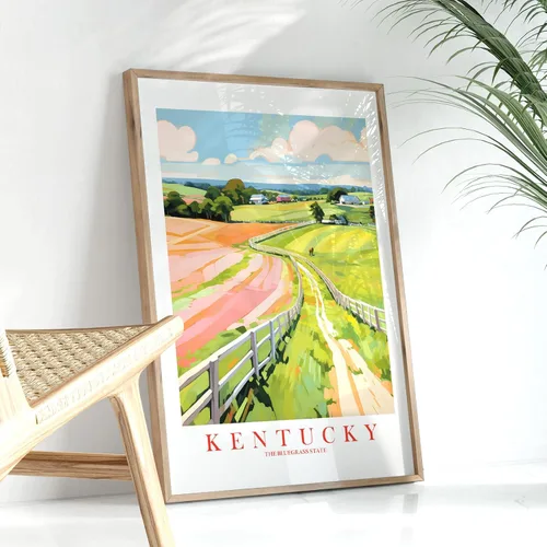 Vista 5 de ColorAndFlair Kentucky Travel Print Bluegrass State Souvenir KY Horses Nature Pink Green Wall Art Retro Poster Pintura de Paisaje (11 x 14 pulgadas)