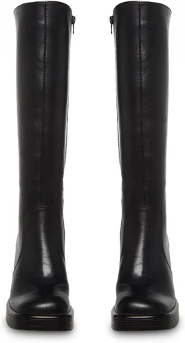 Vista 4 de SOVANYOU Botas de cuero negro con plataforma para mujer, punta cuadrada, botas de tacón grueso con cremallera lateral