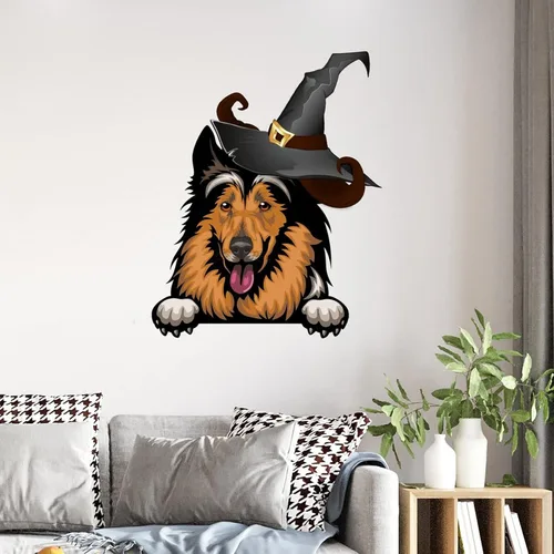 Vista 3 de Calcomanías de Halloween Witch Collie, calcomanías de bienvenida de Halloween, arte de pared de perro Collie, póster extraíble de vinilo