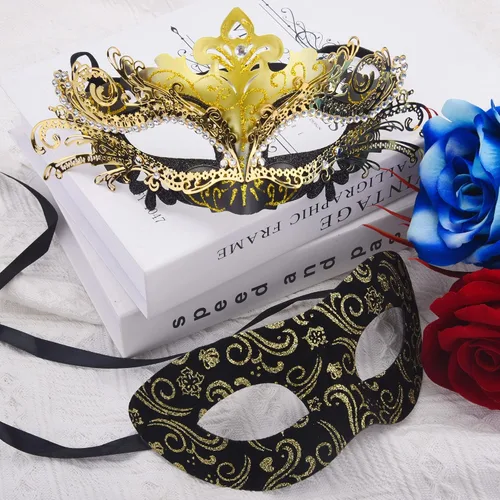 Vista 4 de SIQUK Máscaras de máscaras de metal veneciano para parejas, máscara de disfraz de Halloween, máscara de Mardi Gras para parejas, mujeres y hombres
