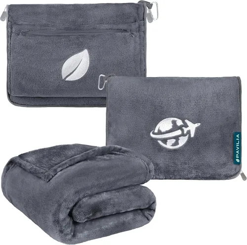Vista 13 de PAVILIA Manta de viaje y almohada, manta de avión con apertura de brazos para adultos, manta compacta de avión con agujero para el brazo, bolsa 2