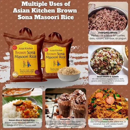 Vista 3 de Asian Kitchen Brown Sona Masoori - Arroz envejecido de 40 libras, 40 libras (40.0 lbs) de arroz de grano corto ~ Todo natural Apto para gluten