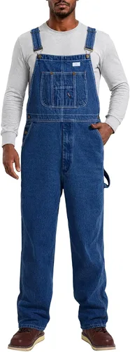 Vista 7 de HISEA Overol de mezclilla para hombre, overol de trabajo con correas ajustables y prácticos bolsillos para herramientas Azul lavado a la piedra