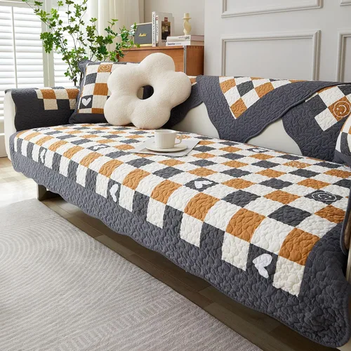 Vista 17 de vctops Funda de sofá de algodón a cuadros Buffalo Check estilo granja, funda acolchada de patchwork para sofá seccional, funda antideslizante