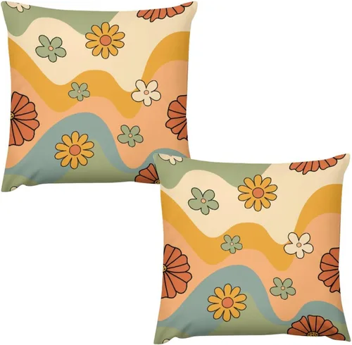 Vista 50 de Juego de 2 fundas de almohada florales retro de los años 70, Groovy Funky Hippie Flor Naranja Estética Boho Fundas de Almohada de 16 x 16 pulgadas
