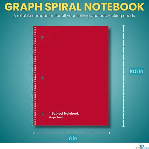Vista 2 de 1InTheOffice Cuaderno de espiral de papel cuadriculado de 8.5 x 11, cuaderno a rayas gráficas de 5 cuadrados por pulgada, rojo, 70 hojas, 8 x 10.5