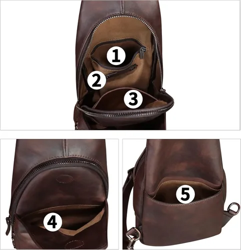 Vista 4 de Bolso de cuero genuino para mujeres y hombres hecho a mano de cuero bandolera mochila pecho bolso bandolera bandolera, Café, Mochilas Sling