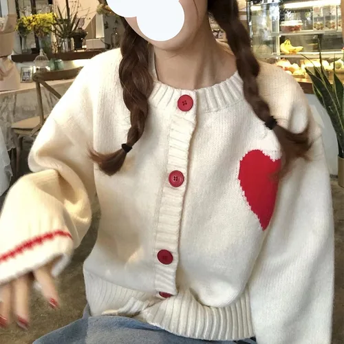 Vista 4 de Cárdigan de punto con corazones para mujer, lindo suéter Y2K con botones, ropa de abrigo S-2XL