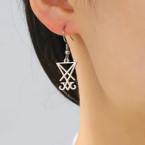 Vista 5 de Lucifer - Pendientes colgantes de acero inoxidable con símbolo satánico, aretes vintage de Leviatán, joyería de la iglesia wiccana, joyería