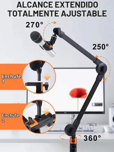 Vista 6 de Soporte de micrófono con brazo de brazo, soporte de brazo de tijera de suspensión ajustable con soporte de clip de micrófono y abrazadera resistente