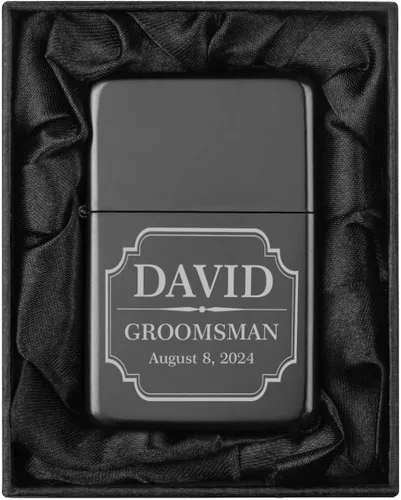 Vista 26 de Encendedor personalizado grabado en caja de regalo forrada en seda negra (Monograma circular 2, negro)