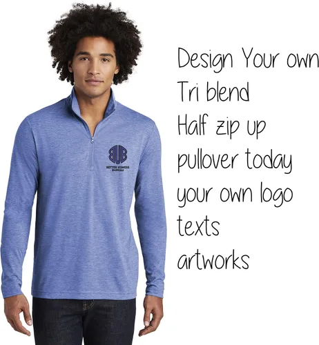 Vista 4 de INK STITCH Men ST407 Custom Design Your Own Text logo Stitching Posicharge Tri Blend 14 Zip Pullover