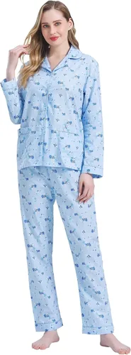 Vista 3 de Amaxer Conjunto de pijama 100% algodón para mujer, de manga larga, suave, con botones, con cordón elástico