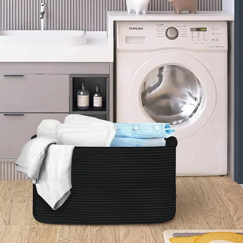 Vista 6 de Cesta negra extragrande, contenedor rectangular tejido de 22 x 17 x 12 pulgadas para almacenamiento, cuerda de algodón suave para habitación