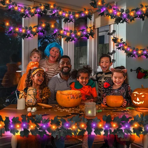 Vista 6 de Temporizador y más grueso: paquete de 2 guirnaldas de hojas de arce negras de Halloween, luces moradas y naranjas, total de 13 pies, 40 luces LED