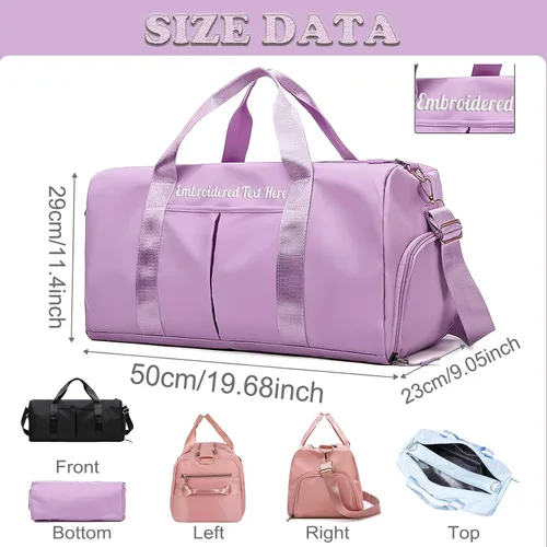 Vista 2 de Bolsa de lona personalizada, bolsa de viaje deportiva para gimnasio, con nombre bordado, con texto bordado, seco, húmedo, separado durante la noche