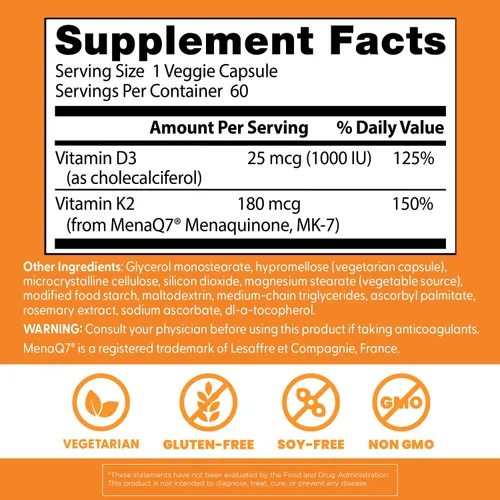 Vista 4 de Doctor's Best Vitamina natural K2 MK-7 Plus D3 - Suplemento VIT D3 y K2 MK7 para hombres y mujeres, apoya la salud de tejidos, arterias y huesos