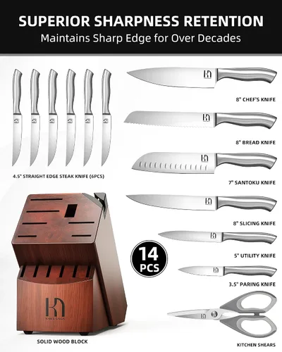 Vista 6 de Juego de bloque de cuchillos KnifeSaga, juego de cuchillos de cocina con bloque de alta durabilidad, juego de 14 piezas de cuchillos japoneses