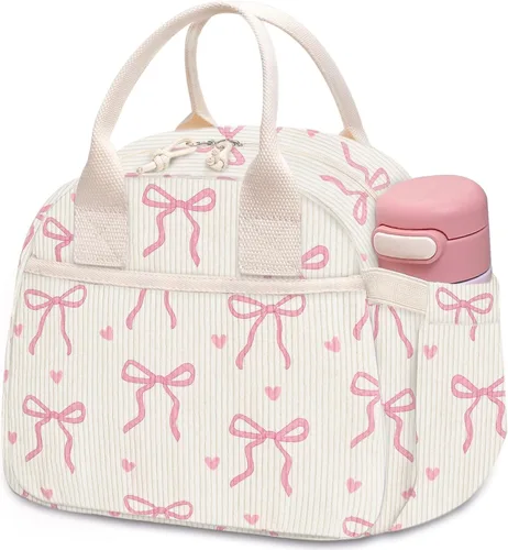 Vista 20 de Carry bloom Lonchera para mujer, lonchera aislada, bonita lonchera de pana reutilizable para el trabajo (1 rayas blancas y negras)