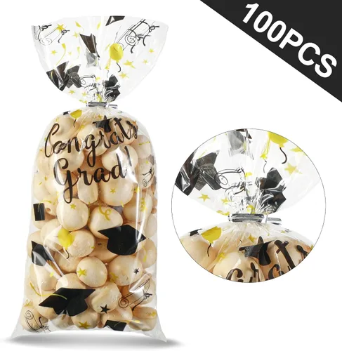 Vista 3 de Blulu 100 bolsas de celofán de graduación, felicitaciones para graduados, bolsas de regalo de plástico con 100 lazos giratorios plateados para Negro