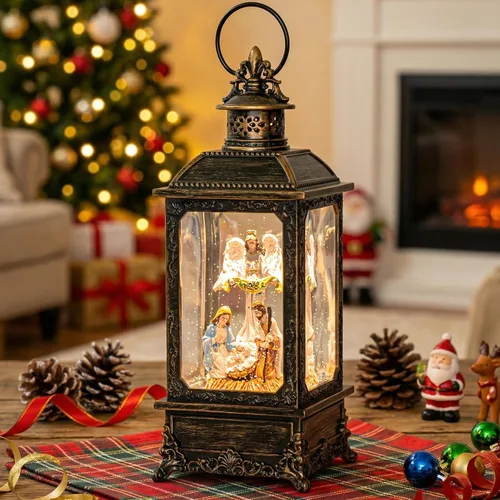 Vista 16 de Gnomos de Navidad de 10 pulgadas, linterna de globo de nieve iluminada, caprichoso árbol de Navidad y elfo escandinavo, linterna de agua musical