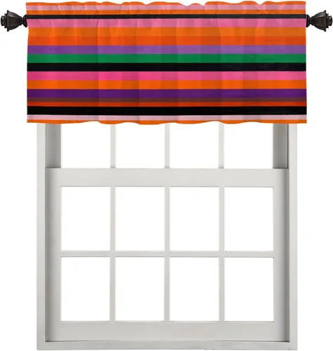 Vista 74 de Cortinas de cocina de hojas de arce otoñales para ventanas, hojas verdes y rojas sobre cenefas opacas negras, tratamientos de ventana de poliéster
