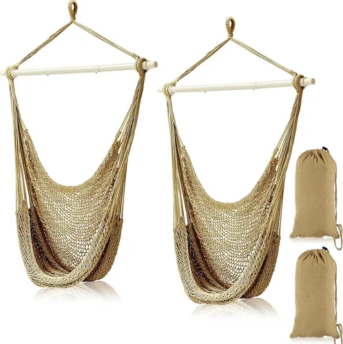 Vista 10 de Barydat - 2 sillas colgantes tipo hamaca estilo bohemio, para exteriores e interiores, cómoda cuerda de algodón suave con barras de metal Beige
