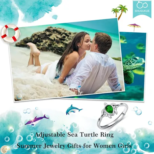 Vista 14 de Anillo ajustable de tortuga marina de plata de ley 925 con nudo celta tortuga Rin verano océano playa tortuga joyería para mujer