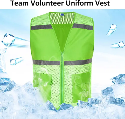 Vista 9 de TOPTIE Chaleco de seguridad de malla con cremallera, chaleco de uniforme de voluntario del equipo, chaleco reflectante para correr con bolsillos