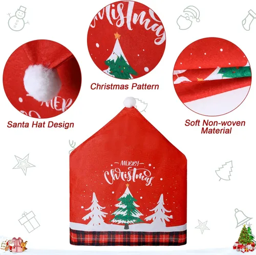 Vista 3 de 6 fundas para sillas de Navidad, con sombrero de Papá Noel, color rojo, fundas para el respaldo de las sillas, decoración para el hogar, cena