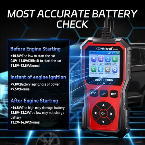 Vista 8 de KONNWEI Herramienta de diagnóstico del escáner OBD2 KW330, lector de código del motor con prueba de voltaje de la batería, corriente de datos