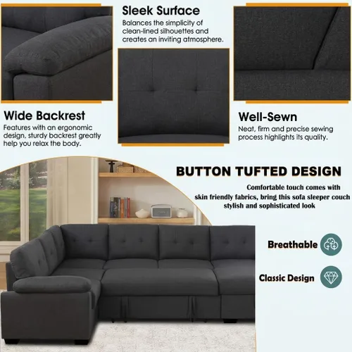 Vista 8 de asunflower Sofá cama modular con almacenamiento de 118 pulgadas, sofás seccionales en forma de U para sala de estar, sofá cama de gran tamaño de 6 a