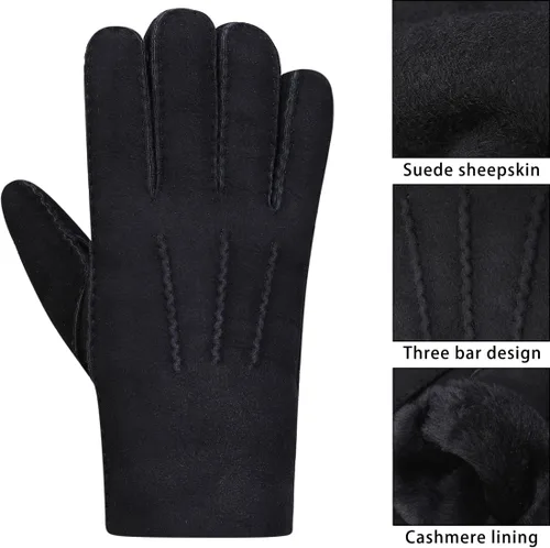 Vista 6 de Harssidanzar Guantes de cuero para hombre, puños de piel de oveja, forro de lana gruesa para invierno, clima frío, guantes de conducción KM043US