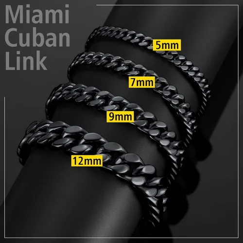 Vista 7 de ChainsProMax Pulseras de cadena cubana de acero inoxidable para hombre, 5790.472 in de ancho, 7.58.39 pulgadas de largo, negrodorado
