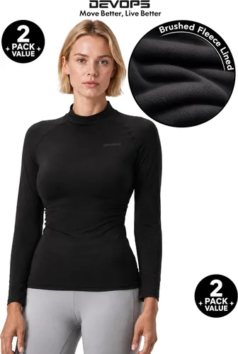 Vista 5 de DEVOPS Paquete de 2 camisetas térmicas de cuello alto de manga larga de compresión para mujer capa base negro / negro