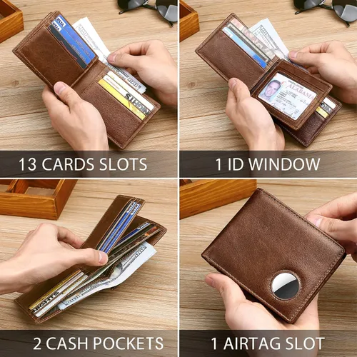 Vista 31 de Swallowmall AirTag Billetera para hombre con bloqueo RFID, de piel auténtica, plegable, para AirTag con 1 ventana de identificación, 13 tarjeteros