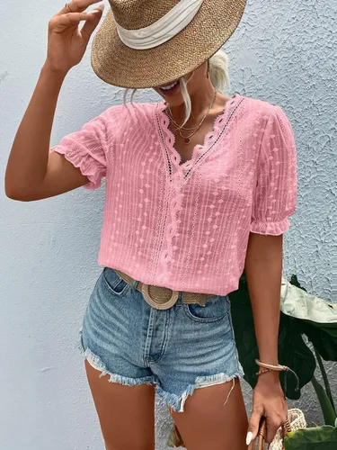 Vista 6 de MakeMeChic Blusa de manga abombada con ojales bordados para mujer, cuello en V