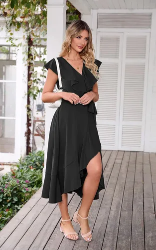 Vista 9 de PRETTYGARDEN Vestido midi cruzado de verano para mujer, casual, bohemio, cuello en V profundo, manga corta, dobladillo con volantes, vestido largo