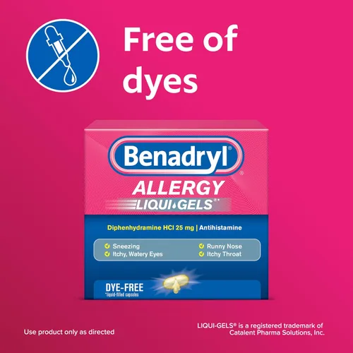 Vista 2 de Benadryl Liqui-Gels Medicine - Cápsulas de gel líquido sin colorantes con 25 mg de antihistamínico de difenhidramina HCl para aliviar la alergia