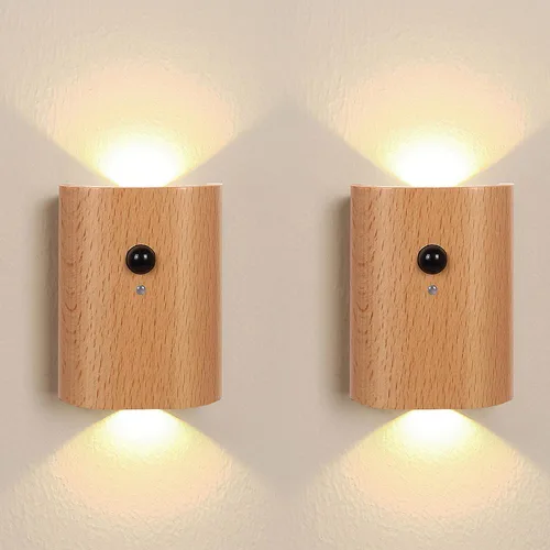 Vista 10 de LANDGOO Luz nocturna de madera de fresno blanco con sensor de movimiento inteligente - Luz de escalera recargable de 2700K LED para dormitorio