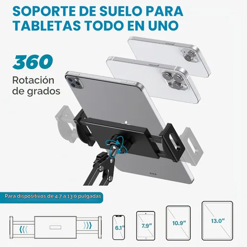 Vista 4 de Soporte de piso para tableta InnoGear, soporte de teléfono para cama ajustable universal compatible con iPhone iPad Pro Air Mini, Samsung Tab