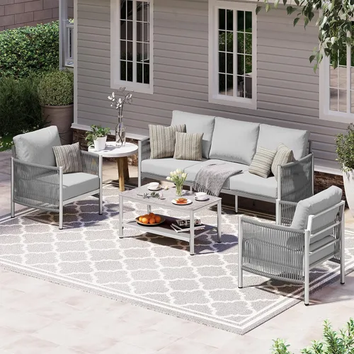 Vista 29 de Sofá de dos plazas de aluminio para patio exterior, sofá de patio de cuerda HDPE con cojín grueso lavable, muebles de patio para todo tipo de clima