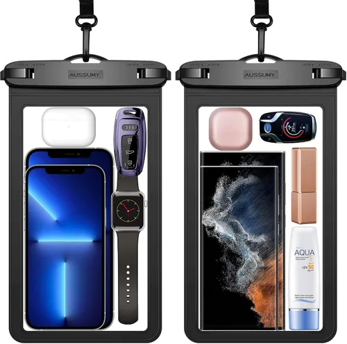 Vista 15 de Paquete de 4 fundas impermeables grandes para teléfono de 10.5" - Soporte transparente para celular bajo el agua - Bolsa seca universal a prueba