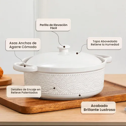 Vista 4 de FUN ELEMENTS - Cazuela, 2 cuartos de galón, plato con relieve de encaje con tapa, de cerámica para ir del horno a la mesa, asas redondas para servir